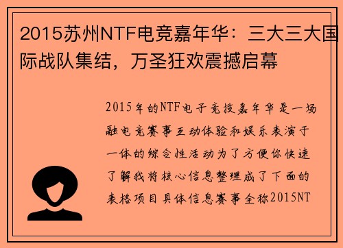 2015苏州NTF电竞嘉年华：三大三大国际战队集结，万圣狂欢震撼启幕 